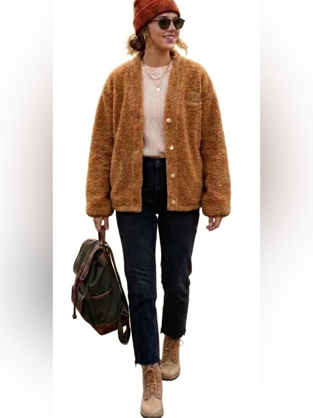 PacSun Teddy Jacket Faux Fur Sherpa Fleece Tan  Buttons Front Sz L